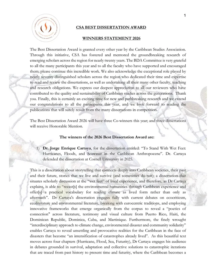 Page 1 of the Caribbean Studies Association’s Best Dissertation Award Winners Statement 2026. It introduces the award, announces three co-winners and three honorable mentions, and lists first Dr. Jorge Enrique Cartaya, for the dissertation “To Stand With Wet Feet: Hurricanes, Floods, and Seawater in the Caribbean Anthropocene,” defended at Cornell University in 2025, followed by the committee’s assessment.