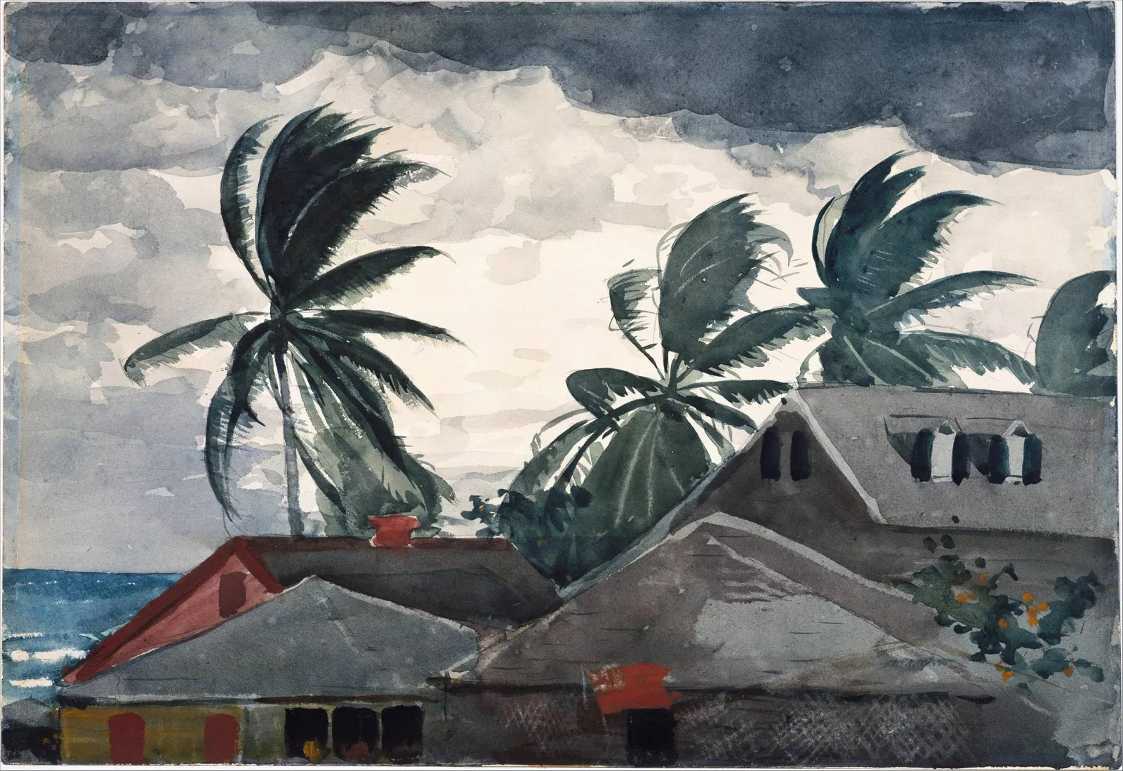 Watercolor of wind-bent palms above grey and red rooftops in Nassau under heavy grey cloud, with a strip of blue sea at the left edge.